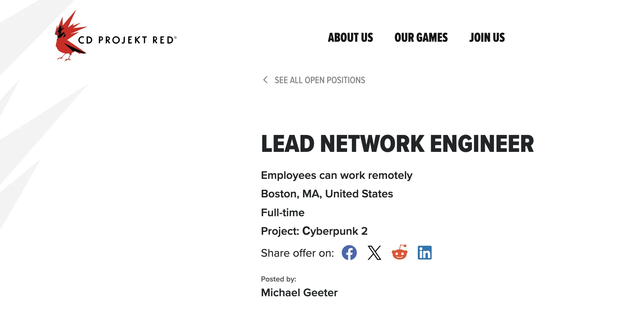 CD Projekt Red ищет главного сетевого инженера для онлайн режима Cyberpunk 2